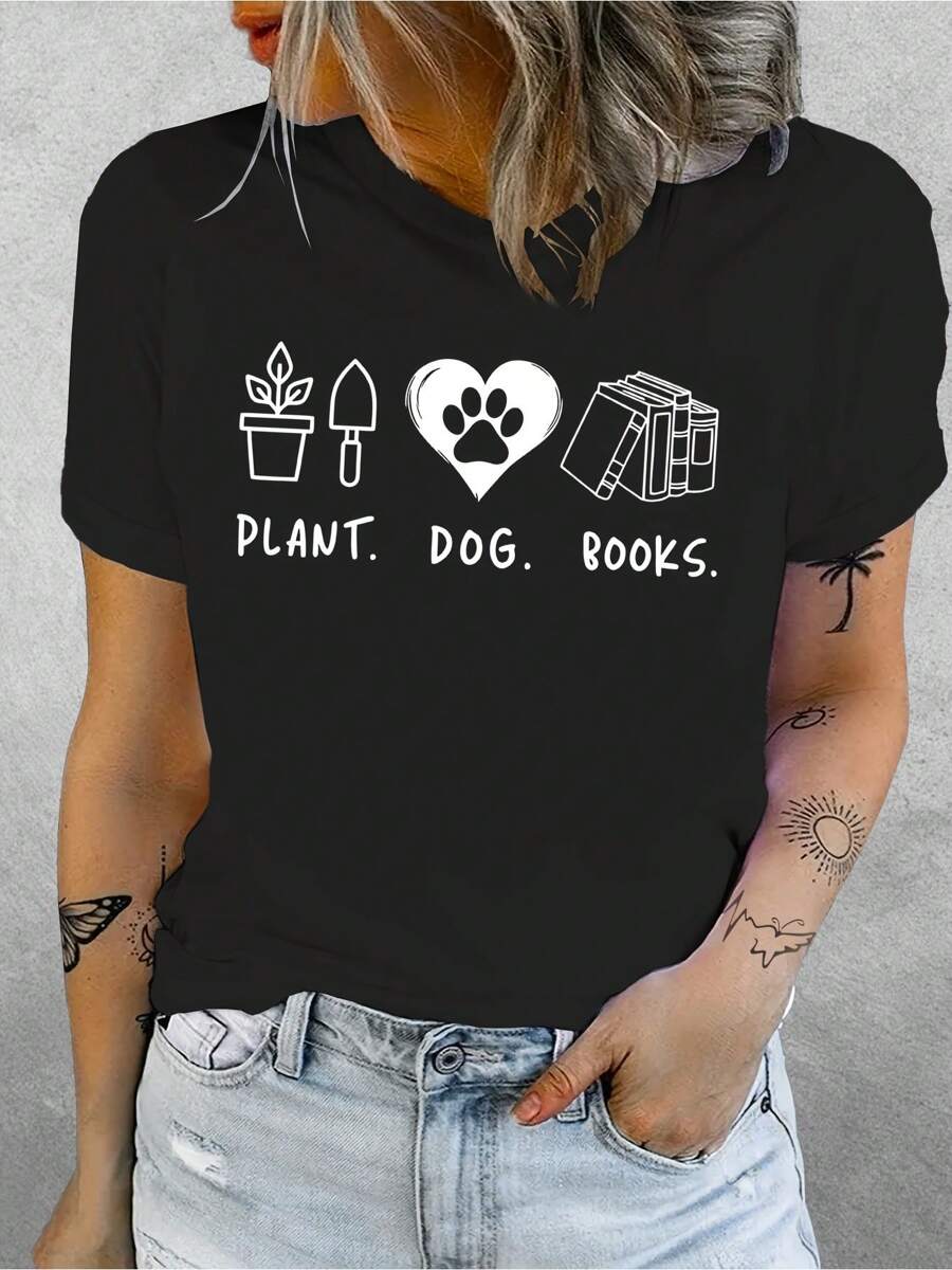 100% Cotton T-Shirt Women's Fashion Letter Print Short Sleeve T-Shirt Casual T-Shirt Round Neck Top