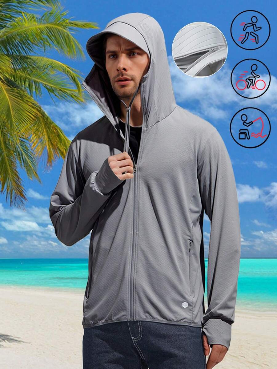 1 pieza Camisa solar con protección UPF50+ y enfriamiento para hombre, chaqueta de pesca para exterior con capucha desmontable para primavera y verano