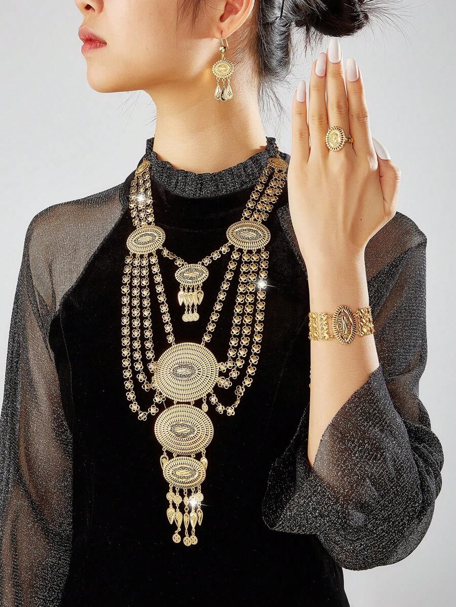 MGYI Modeschmuck-Set aus goldfarbenem Kupfer in luxuriösem Retro-Stil für Frauen, 18 Karat vergoldete elegante Luxus-Halskette, Ohrringe, Armband und Ring mit quadratischem Design, geeignet für Nigeria, Dubai, den Nahen Osten, Saudi-Arabien Braut-Hochzeit, täglichen Gebrauch, Hochzeitstag-Geschenk, Halloween-Geschenk für Freunde