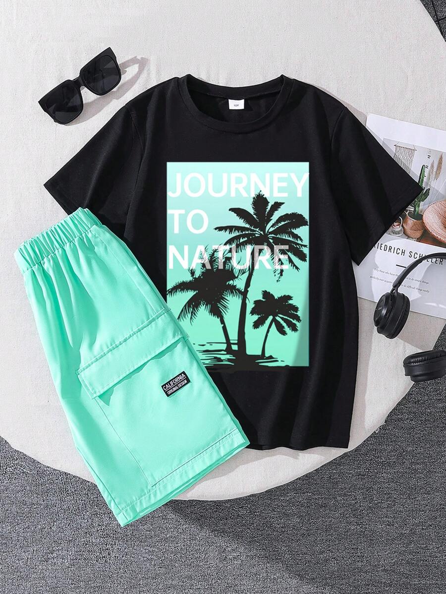 Conjunto de camiseta de manga corta con estampado de letras y pantalones cortos tejidos con letra bordada para niño preadolescente