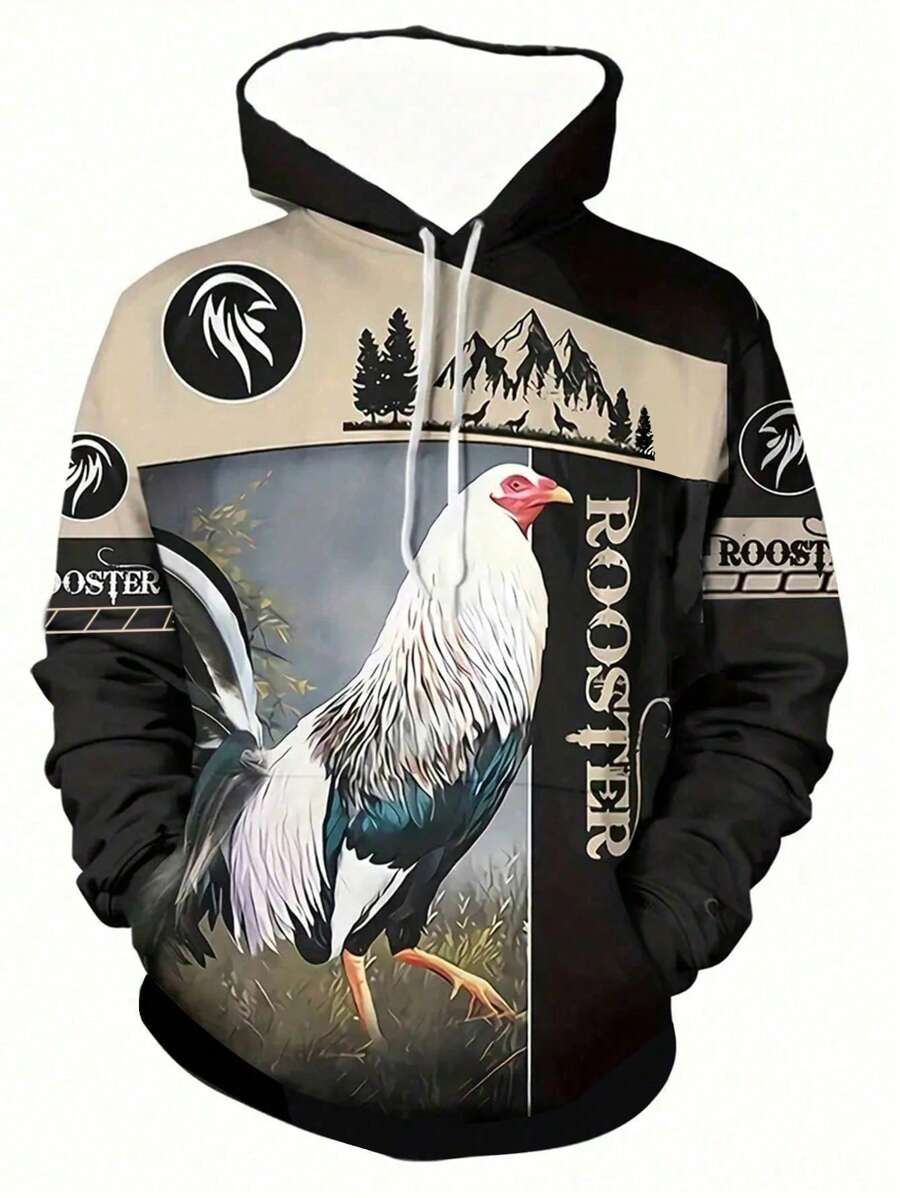 Men Rooster Print Hoodie - Cool & Streetwear - Comfortable Casual Sweatshirt - Eye-Catching Graphic Design - Perfect Gift