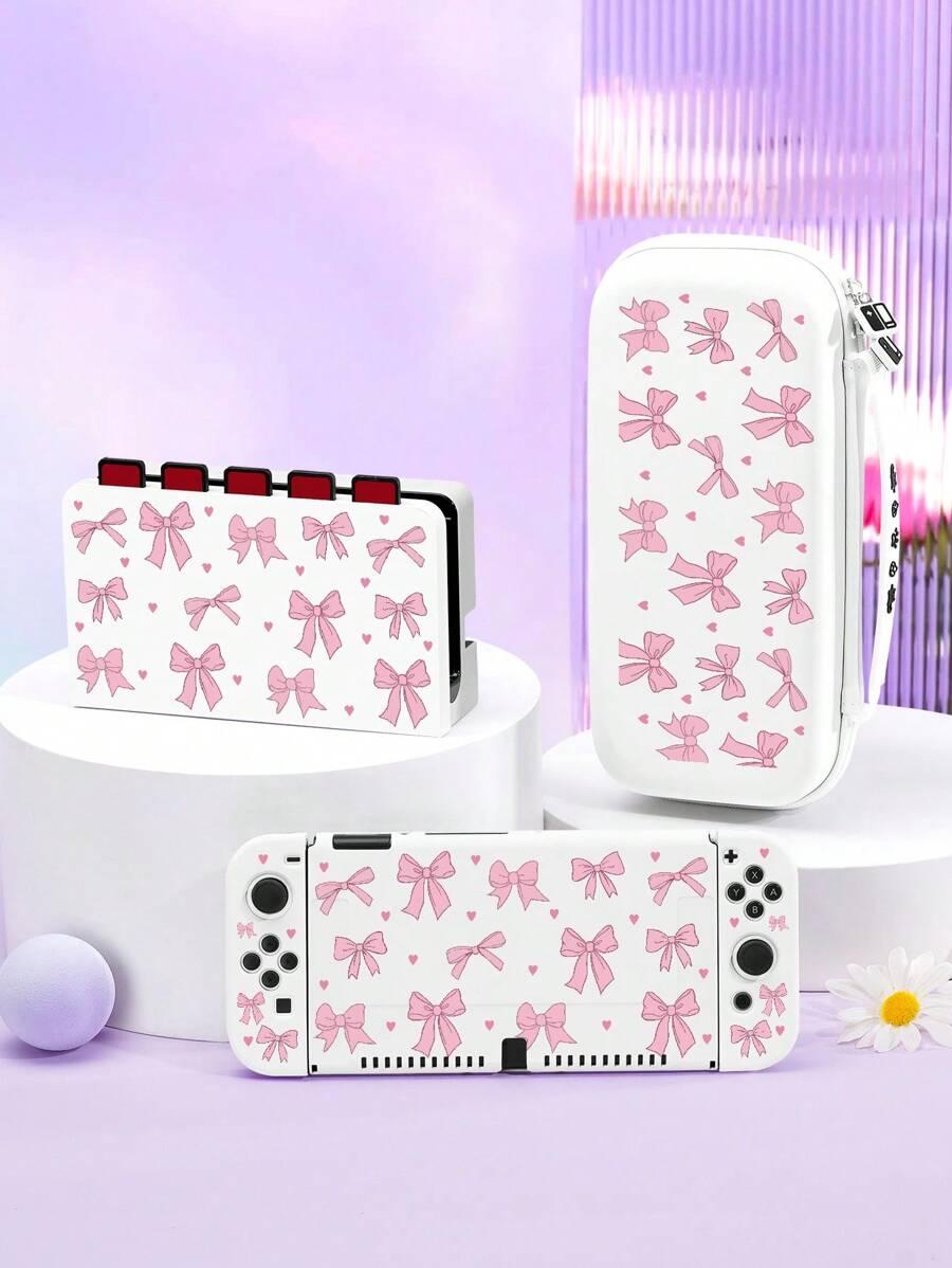 1pc Pink Bow & Heart Pattern Protective Case, Compatible With New Switch2 (2025)/Switch NS/Switch OLED/Lite, Compatible With Switch/Switch 2 Game Console Accessories, Full Set Including Storage Case, Card Slot Base, Best Gift Compatible With Switch Players