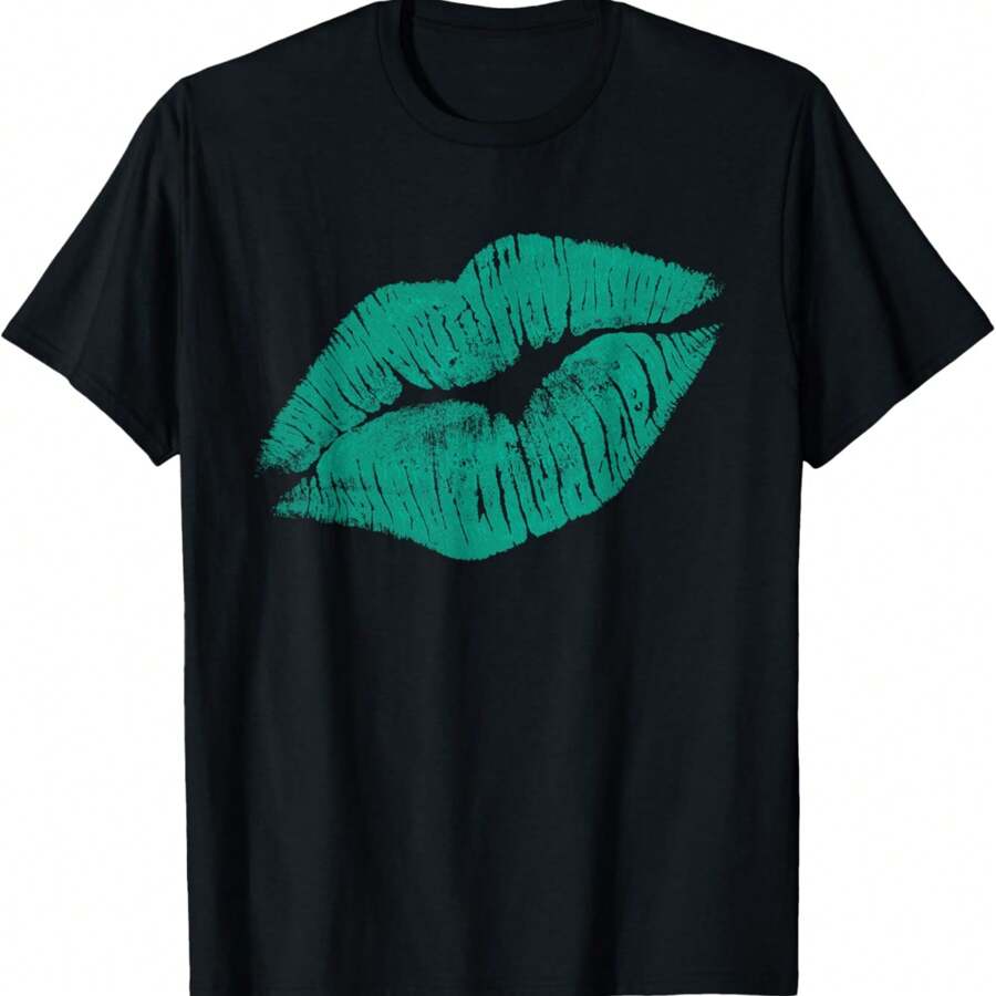 Teal Kissing Lipstick Perfect 80s Party Design T-Shirt