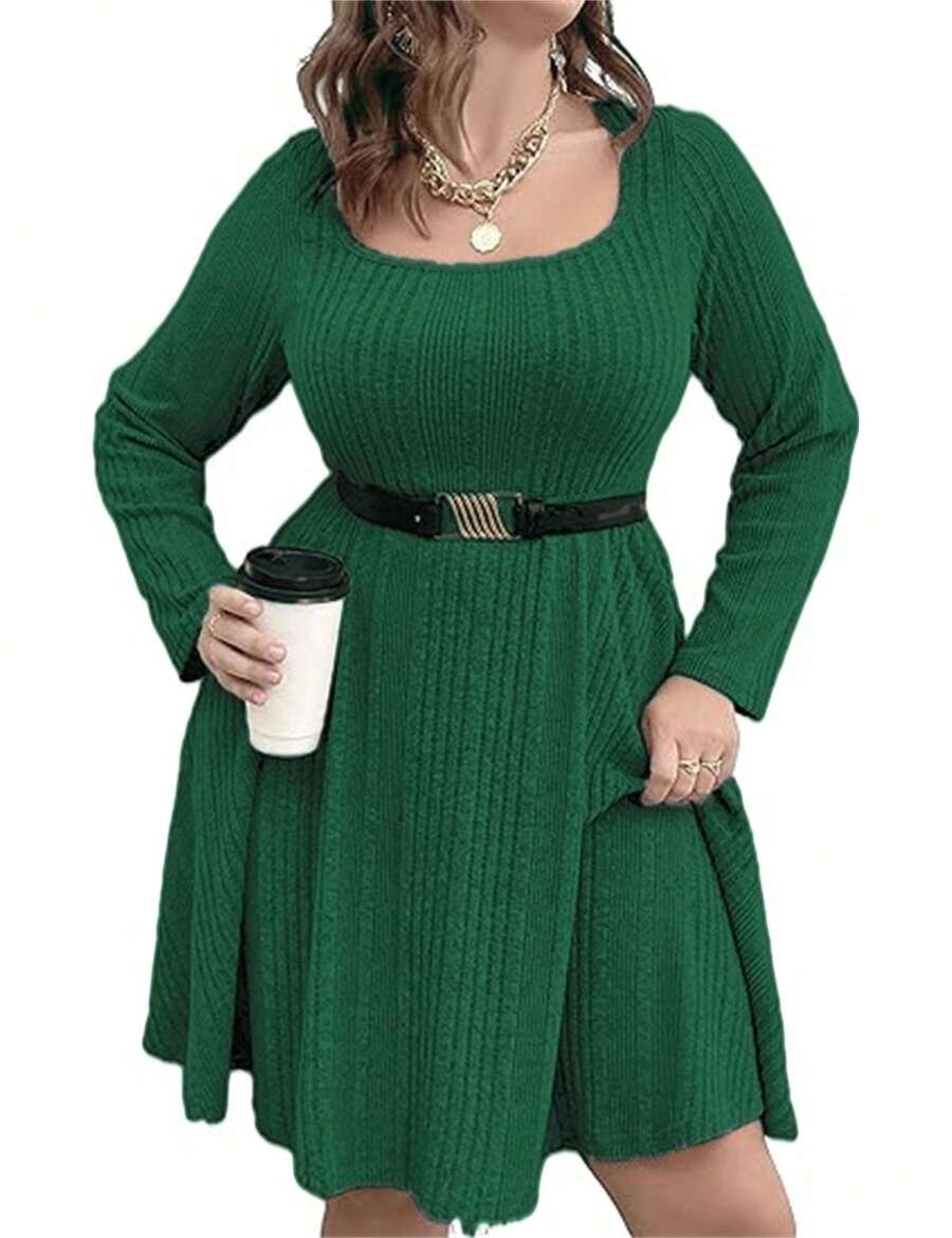 GoyRrbay Women's Plus Size Casual Sweater Dress Square Neck Long Lantern Sleeve Tie Waist Loose Pullover Sweater Dresses