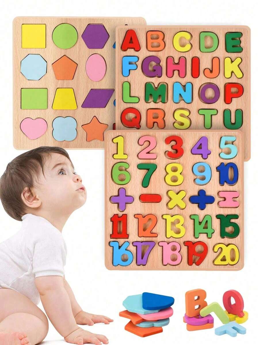 3 in 1 Puzzle di legno per bambini, Puzzle di legno per alfabeto, numeri e forme, Giocattoli Puzzle per l'apprendimento per bambini, Set di 3 puzzle 3 in 1 per bambini di età 3+