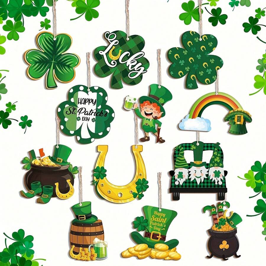 24 piezas Decoración retro del Día de San Patricio, incluyendo herradura, gnomo verde, adornos colgantes de trébol de madera, suministros de fiesta en el hogar, los mejores regalos