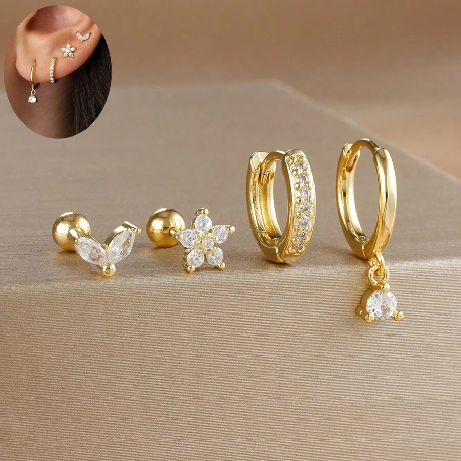4 Stücke Ohrstecker Set mit Kubikzirkonia Sternblättern für Frauen, 18 Karat vergoldeter Edelstahl und Kupfer Ohrreifen Knorpel Schmuck