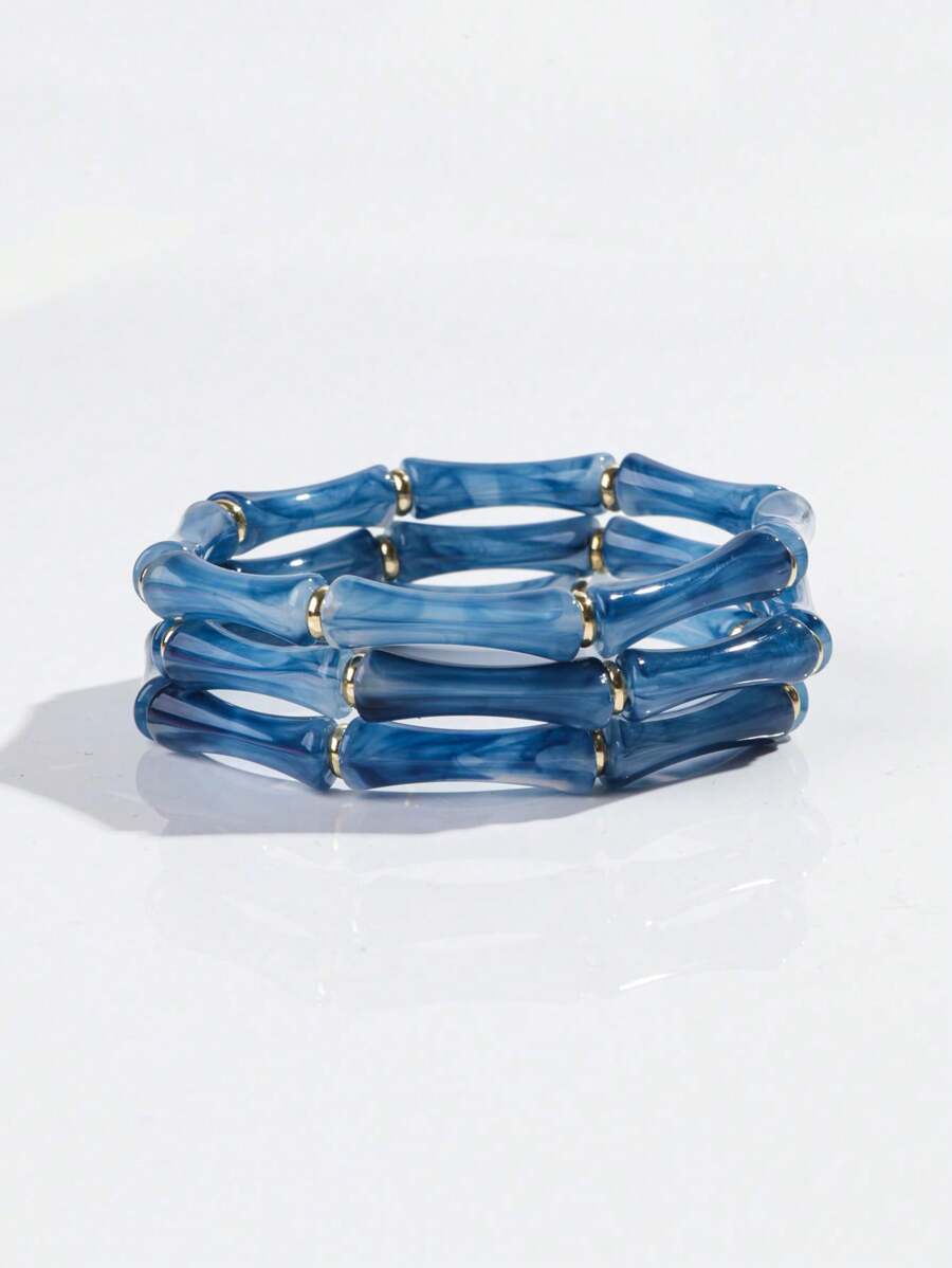 1set 3pcs Acrylic Marble Pattern Dark Green Bamboo Joint Stacking Bangles Suitable For Women Daily Wear