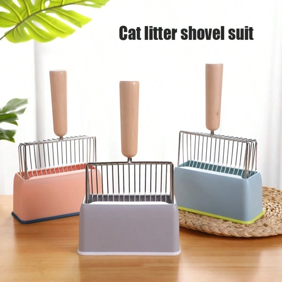 1 Set Pala recogecaca de acero inoxidable con soporte metálico, herramienta de limpieza para mascotas, accesorio elegante para recoger excrementos de gato