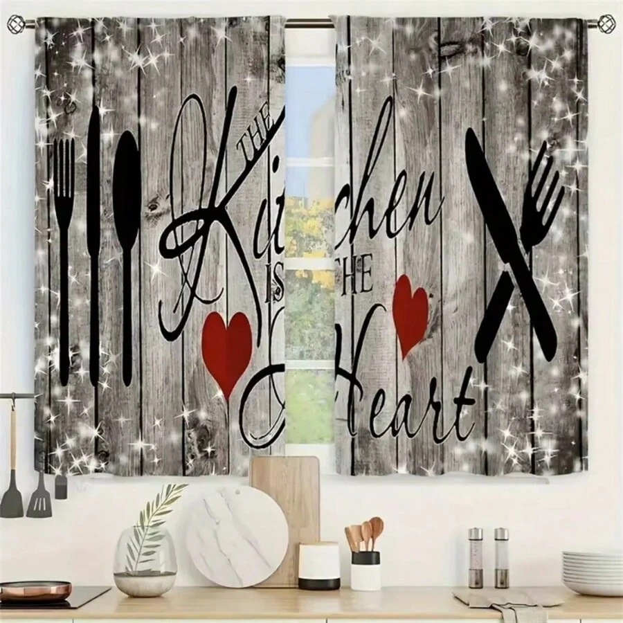 2 Panel 28"X40" Cartoon Digital Printing Window Curtain Wood Grain Half Curtain Door Curtain Coffee Curtain Kitchen Sink Cabinet Dust Curtain