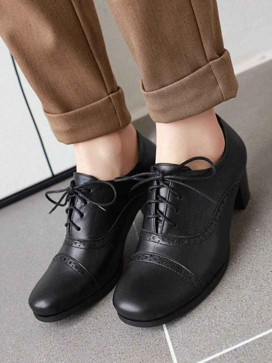 Women's Chunky Lace Up Vintage Oxfords Dress Pumps Round Toe Block Mid Heels Retro Brogues Shoes