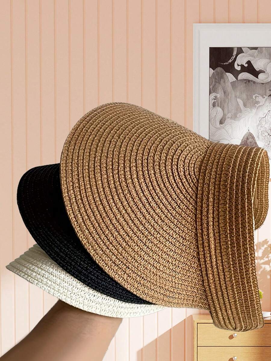 1 pieza Visera de sol de paja de moda para mujer Sombrero de ala ancha enrollable y plegable para playa de verano