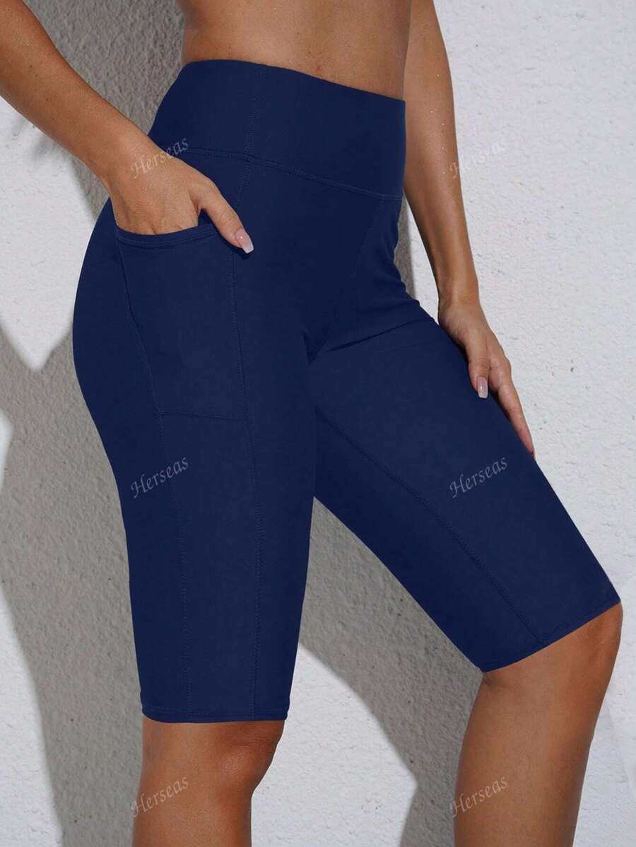 Women's High Waisted Swim Shorts With Pockets Solid Board Short Pants Bathing Suit Bottoms For Swimming, Beach & Summer