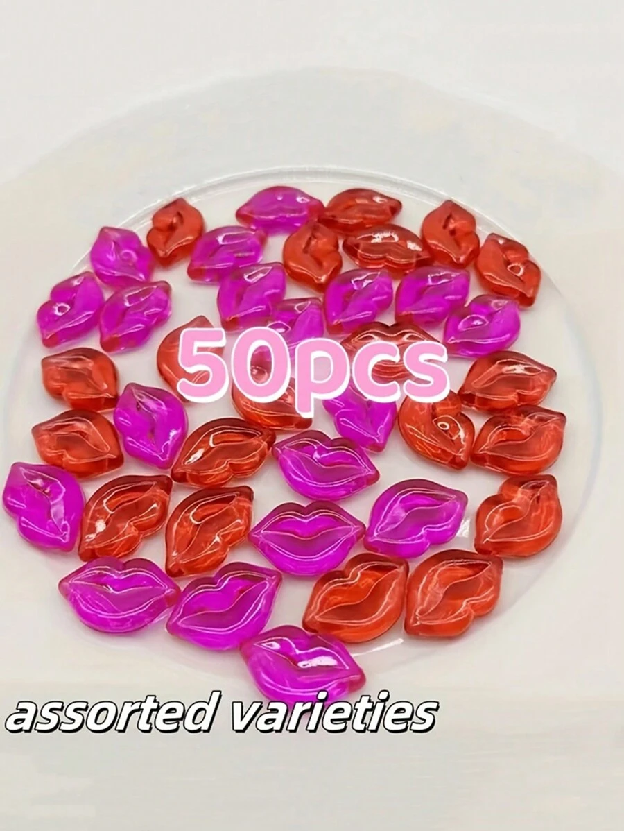 50 piezas de cuentas de resina con forma de labios en colores surtidos - Suministros para hacer joyería para el Día de San Valentín, bodas y decoraciones de mesa para fiestas de verano y escolares