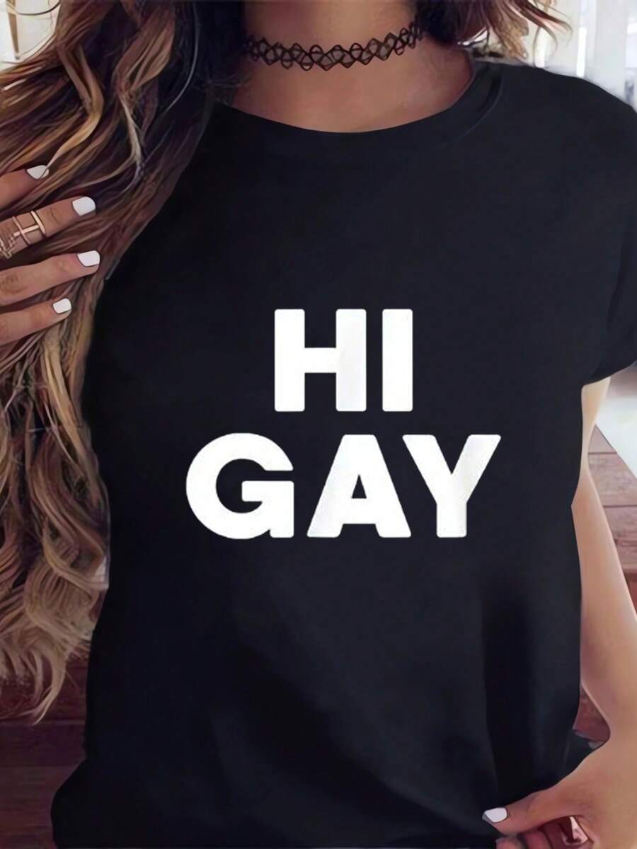 Hi Gay Print Crew Neck T-Shirt Cotton Shirt Soft, Breathable, Crew Neck Tee