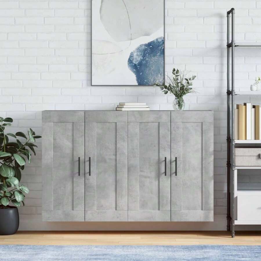 Ensemble de 2 armoires murales en bois d'ingénierie aspect béton gris, solutions de rangement modernes pour la cuisine ou le salon