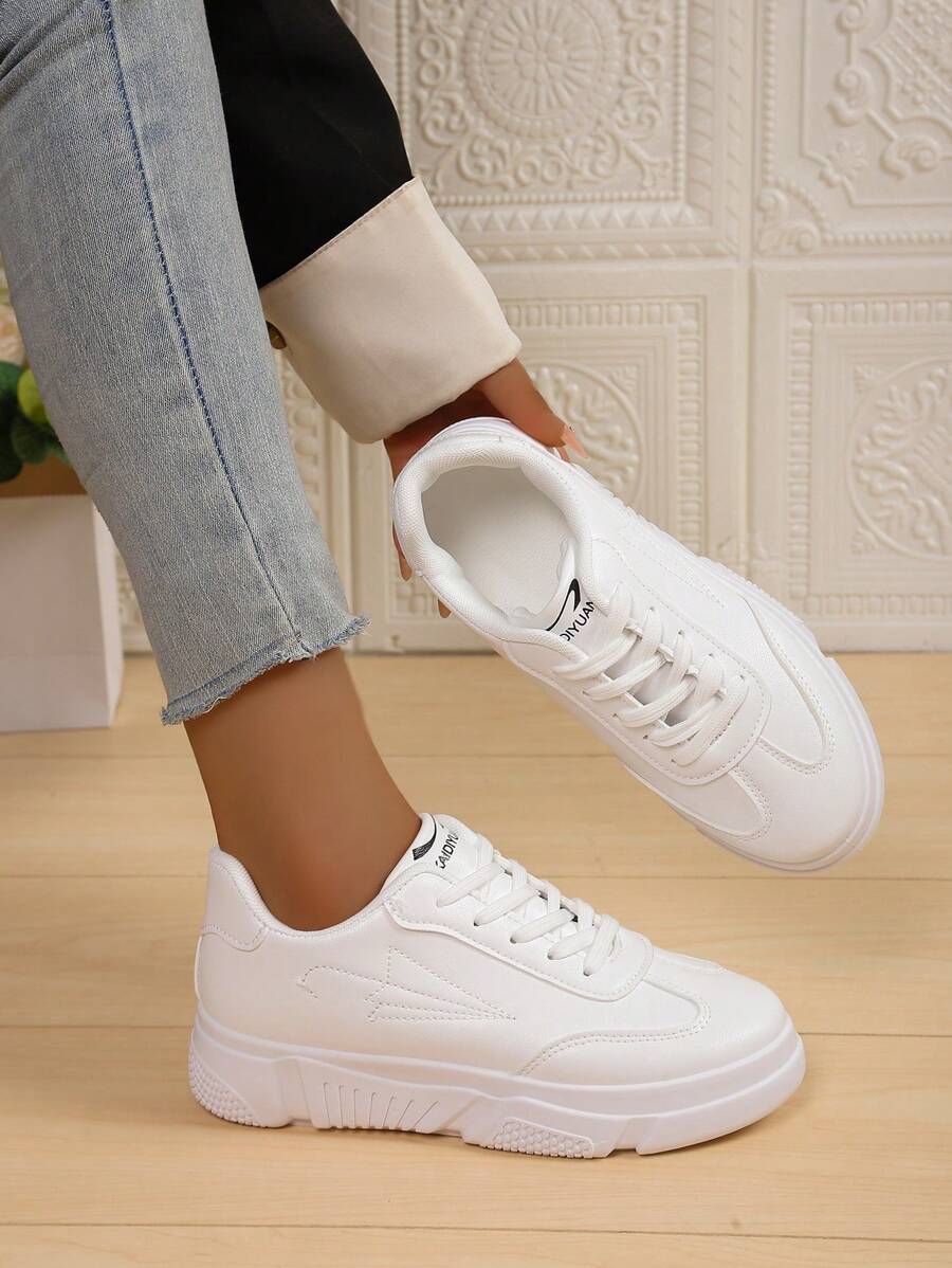 Women's White Platform Sneakers, Casual Shoes, Thick Sole Design, Non-Slip, Height Increasing, PU Leather For Students