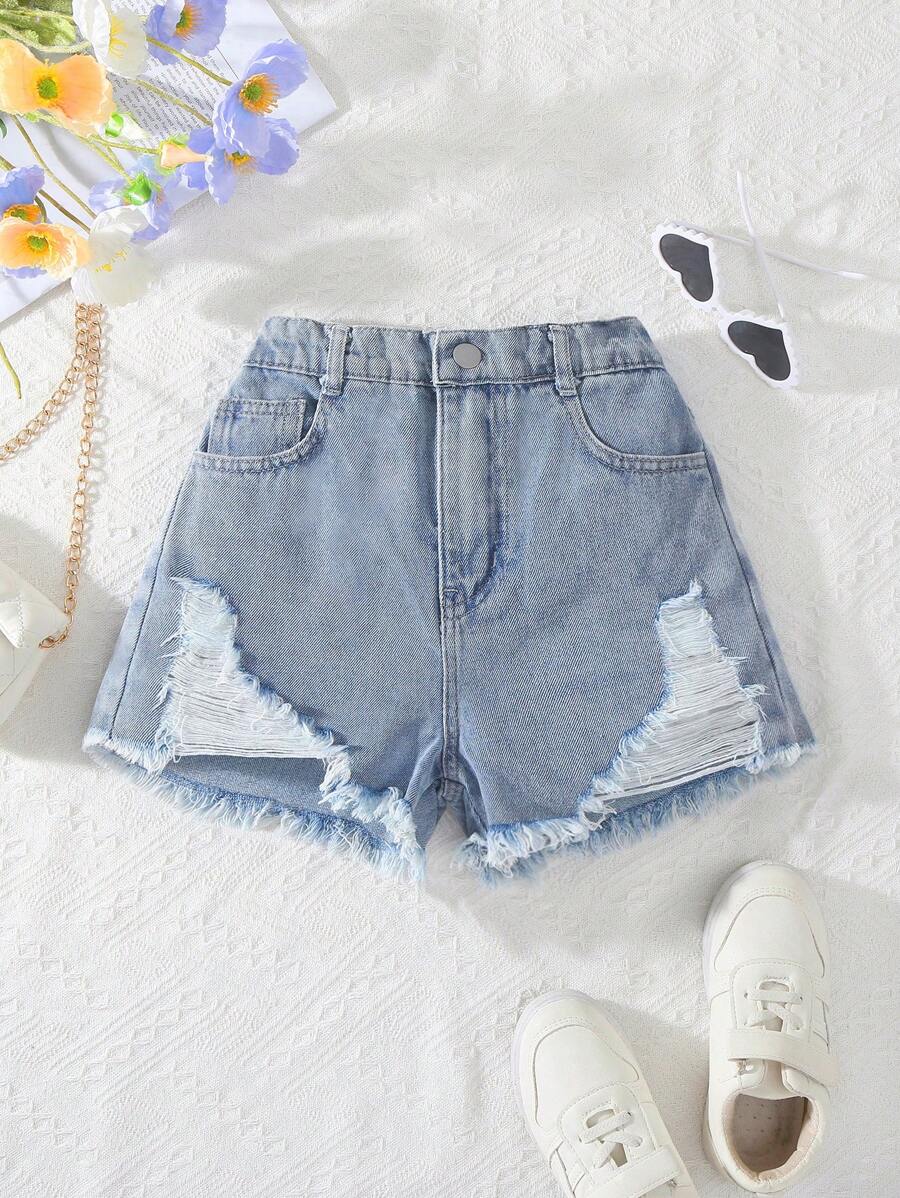 Tween-Mädchen 1 Stück Distressed Denim Jeans Personalisierte Streetwear Lässig Hellwaschung Blau Fransen Kurze Zerrissene Jeans, Frühling/Sommer