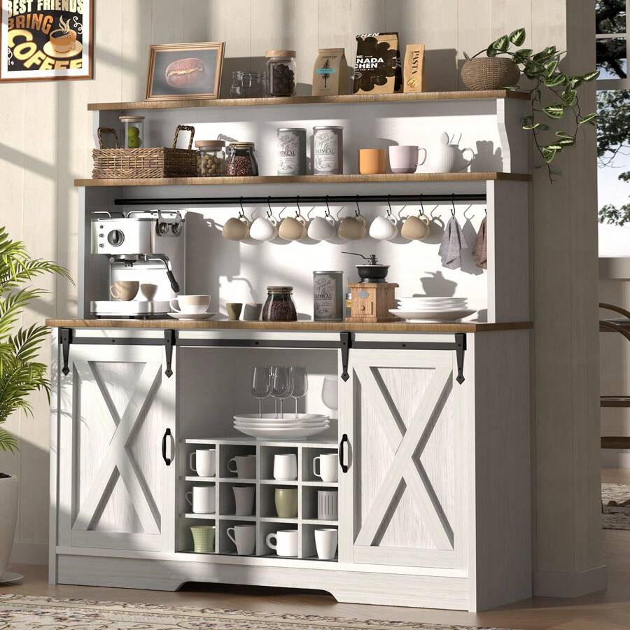 55'' Farmhouse Coffee Bar Cabinet With 3 Tier Storage Hutch, Coffee Bar Station With Sliding Barn Door, Hutch Storage Cabinet With 12 Wine Racks & 9 Hooks For Kitchen Dining Living Room