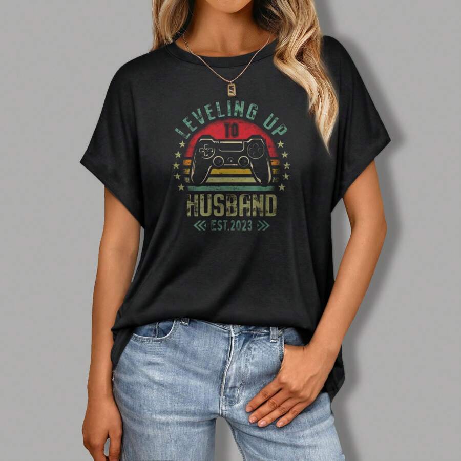 Women's T-Shirts Printed With Leveling Up To Husband Level Unlocked Bachelor Party Graphic Tee Patterns 100% Cotton Casual Short-Sleeved Casual