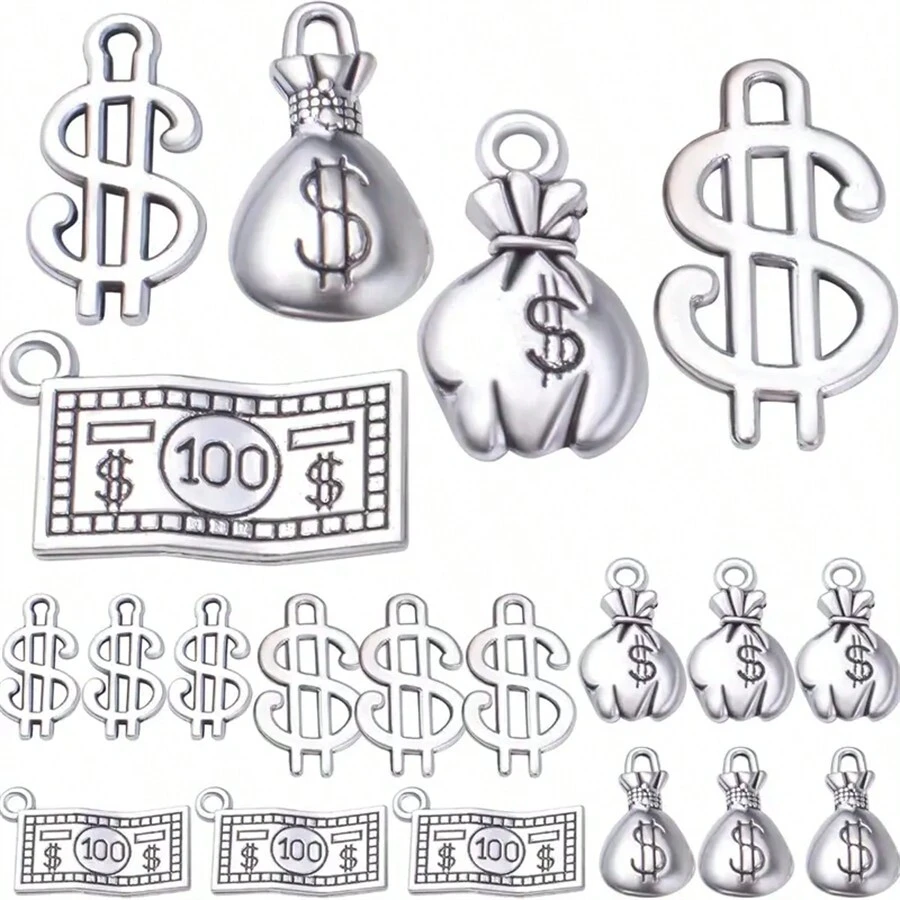 20/50 Stücke antik-silberne Dollar-Zeichen Anhänger, verdeckte Legierung Geldtasche Anhänger, 100 Dollar Schein Anhänger zum Selbermachen von Armbändern, Halsketten und Schmuck, 5 Stile