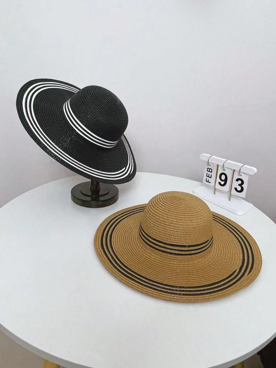 1 pieza Sombrero de paja de ala ancha para mujer para protección solar, sombrero casual y elegante de ala ancha para vacaciones de verano y playa