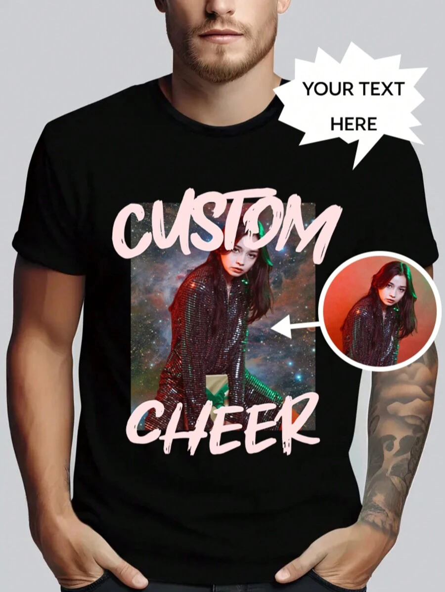 Customized Men's Personalized Loose Fit T-Shirt - Add Your Own And Text Images (Family Photo/Selfie/Pet Photo/Friend Photo) To Design Your Personalized Printed T-Shirt