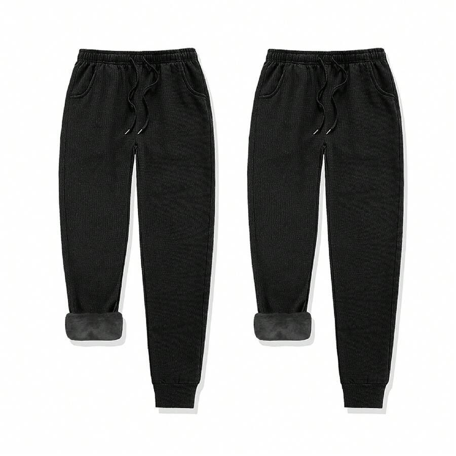 2-Piece Men's Winter Warm Fur-Lined Fleece Joggers Sweatpants, Soft, Cozy, Comfortable, Thermal, Stylish, Perfect For Cold Weather, Casual Wear, Outdoor Activities, Lounge, Travel, Gym, And Everyday Comfort