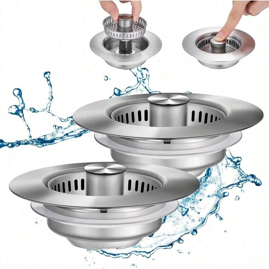 2pcs Upgraded 3 In 1 Kitchen Sink Drain Strainer Stainless Steel Sink Stopper Anti-Clogging Sink Food Catcher Basket Fast Drainage Odor Filter Sink Plug For US Standard 3 1/2 Inch Drain (Silver )