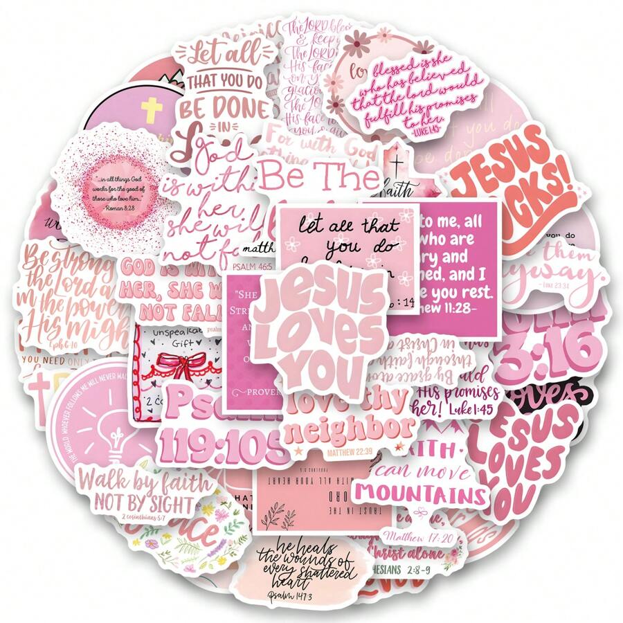 50PCS Pink Bible Scripture Jesus Stickers Vinyl Aesthetics Stickers For Scrapbooking, Diary, Laptop, Bumper, Skateboard, Water Bottle, Computer, Phone, Cartoon, Hard Hat, Car Stickers And Decals