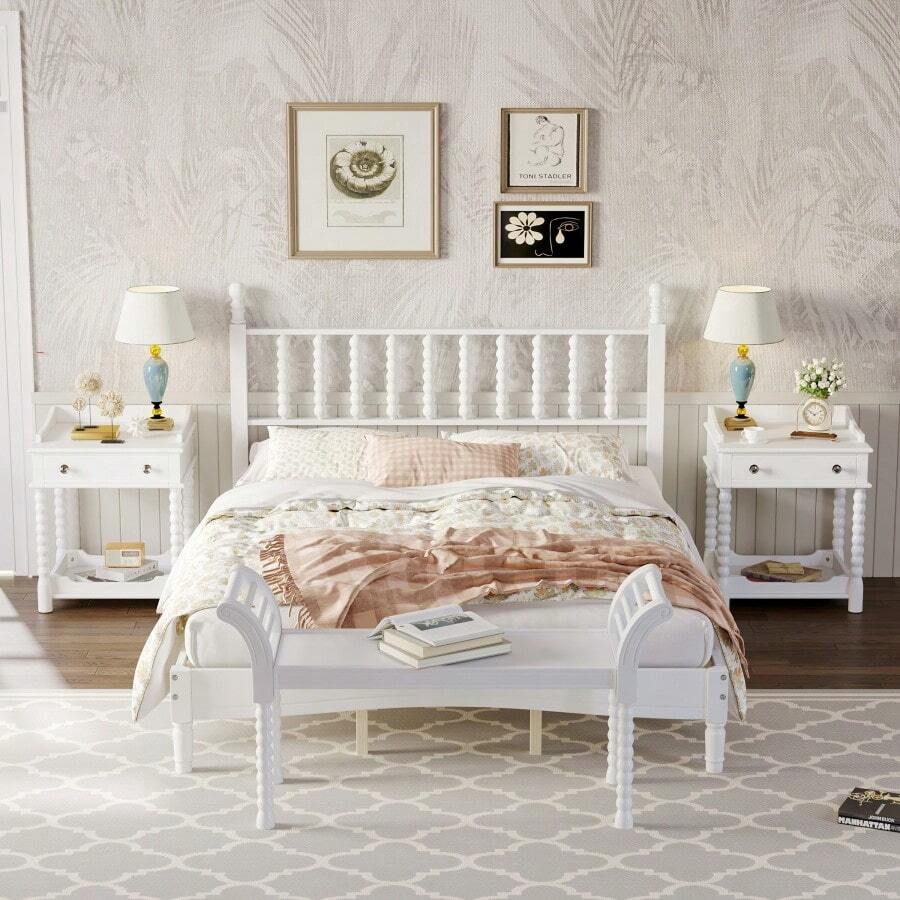 Juego de dormitorio de 4 piezas estilo retro, cama tamaño queen con plataforma y cabecero en forma de calabaza, mesita de noche con espacio de almacenamiento y banco con patas torneadas, color blanco