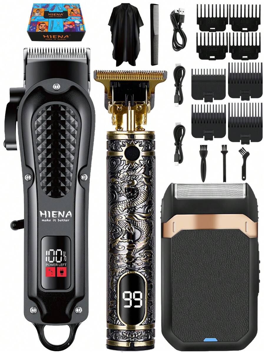 HIENA Conjunto profesional de 1/2/3 piezas de recortadora eléctrica para el cabello de hombre HIENA - Recargable por USB, recortadora inalámbrica de barba y kit de peinado, opción de barbero y estilista, regalo perfecto para el Día del Padre, regalo navideño