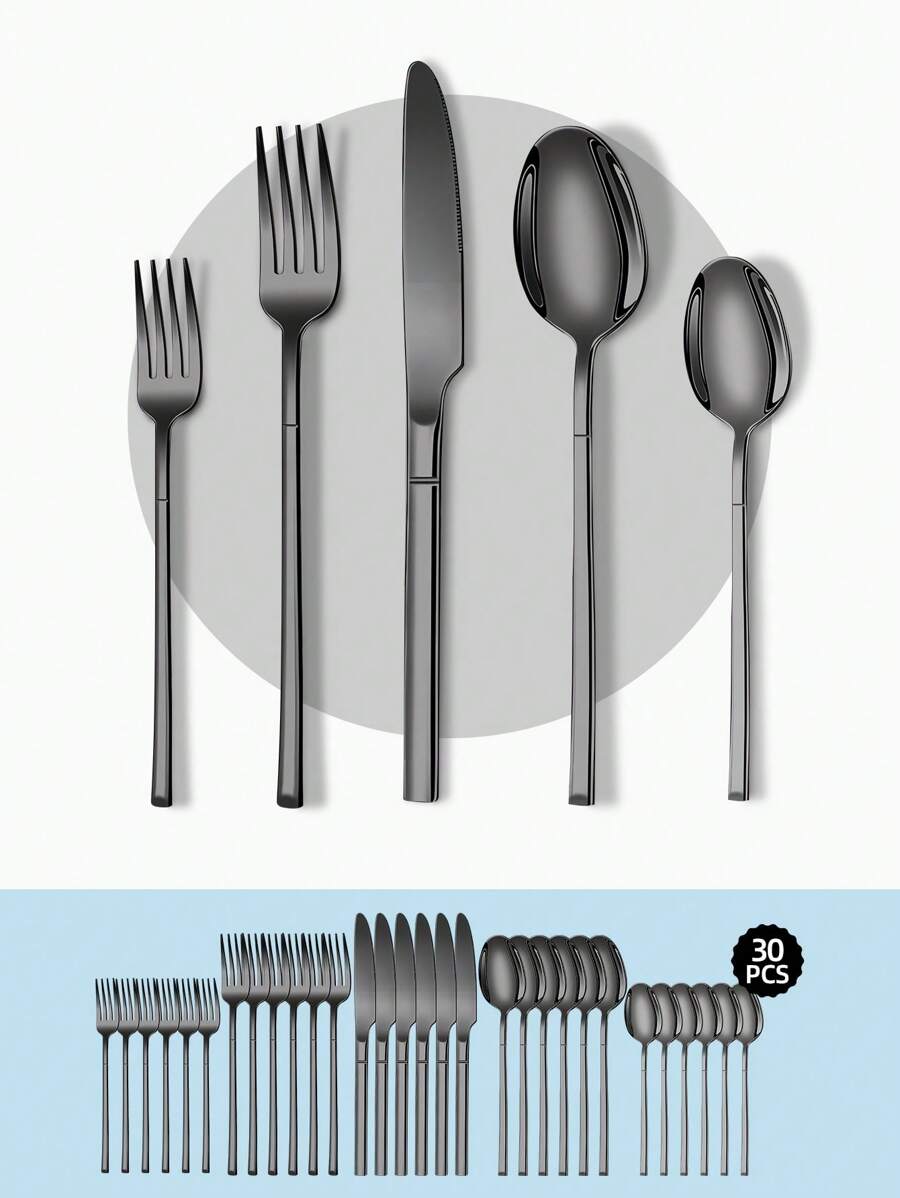 Stainless Steel Tableware Set, 5/20/30pcs Golden/Silver/Black Cutlery Set-Includes Dining Knives, Table Forks, Dining Spoons, Teaspoons And Dessert Forks, Forks For Salad/Appetizers/Dessert, And Mini Spoons For Coffee/Tea/Dessert/Cake/Stirring/Fruit/Ice Cream, Reusable Steak Knife, Soup Spoon, Teaspoon, Main Fork, Mini Forks