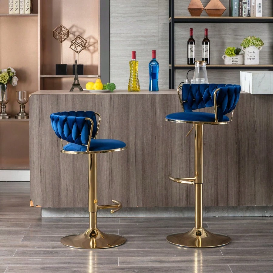 Set Of 2 Bar Stools,With Chrome Footrest And Base Swivel Height Adjustable Mechanical Lifting Velvet + Golden Leg Simple Bar Stool-BLUE