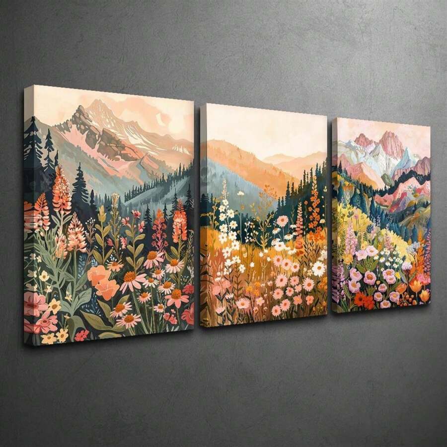 3pcs Wooden Framed Wall Art Set - Modern Mountain Landscape & Wildflower Prints, Classic Decor For Home And Office, Portrait Orientation