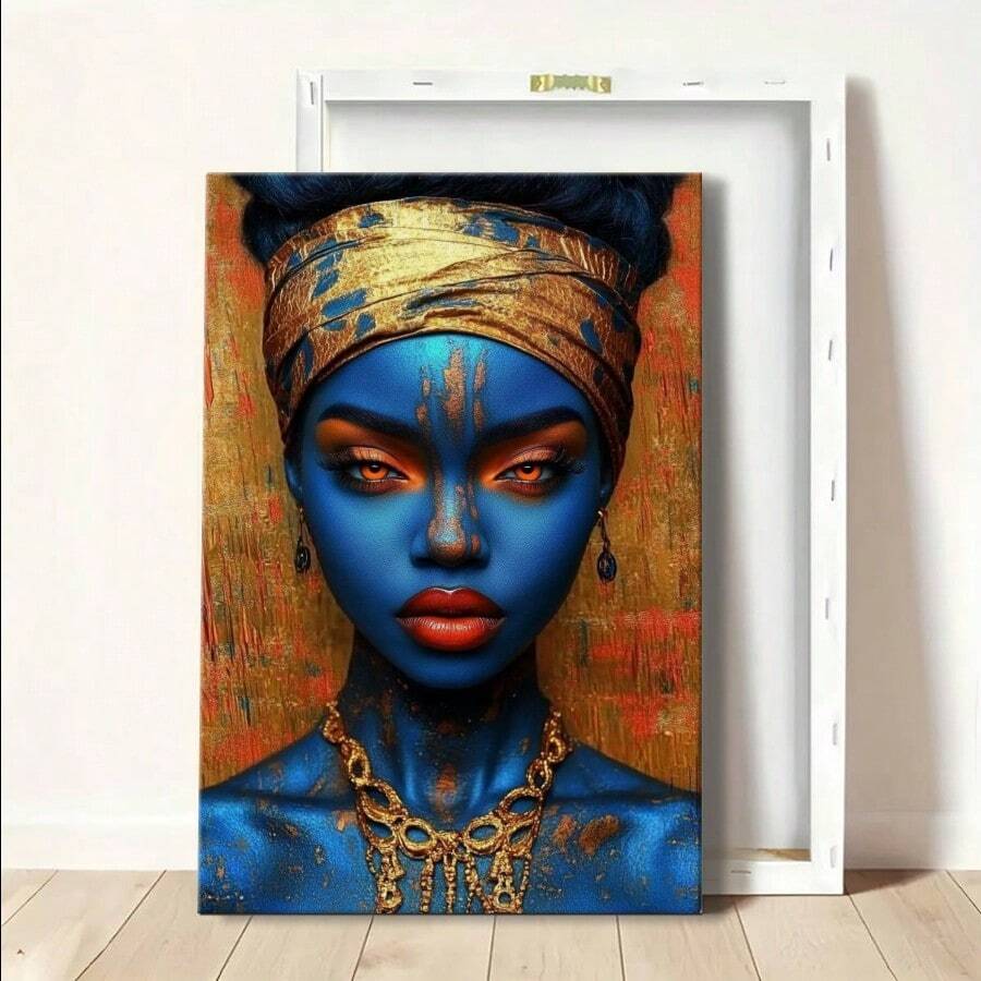 1pc Framed Wrapped Canvas Wall Art Vintage Print Woman With Blue Makeup And Gold Jewelry Canvas Classic Oil Painting Art Home Decor For Living Room, Bedroom, Office