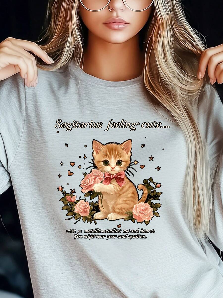 Women's Plus Size T-Shirt Cartoon Cat Kawaii Rose Print Fashion Long Sleeve Round-Neck Loose Fit Tee Casual Streetwear