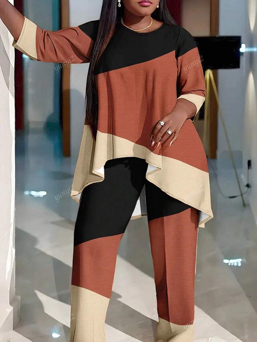 Plus Size Solid Color Patchwork Round Neck Long Sleeve Simple Top And Pants Casual Suit