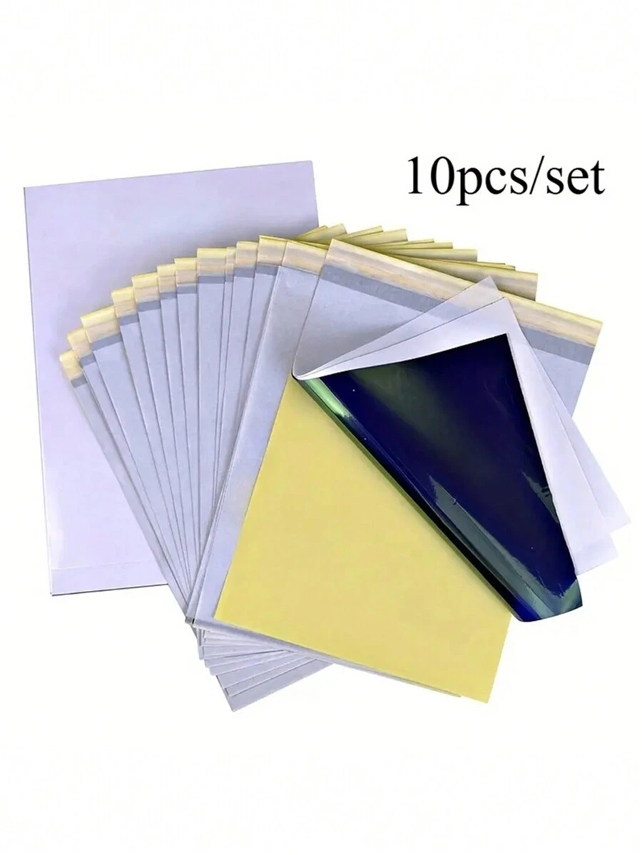 10 pezzi/20 pezzi/50 pezzi Carta da trasferimento a calore per ufficio, design a 4 strati, carta carbone per ufficio, forniture professionali per artisti body art, carta stencil per tatuaggi, adatta per il disegno e il trasferimento a caldo, accessori per la cancelleria d'ufficio