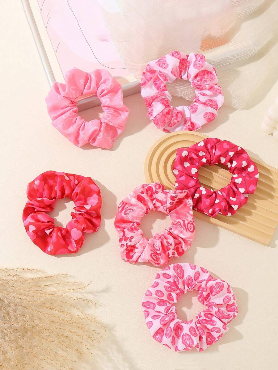 Set de 6 scrunchies de cabello con estampado de corazones rosados y labios, ideales para el uso diario, decoración del Día de San Valentín, accesorios de cabello para mujer
