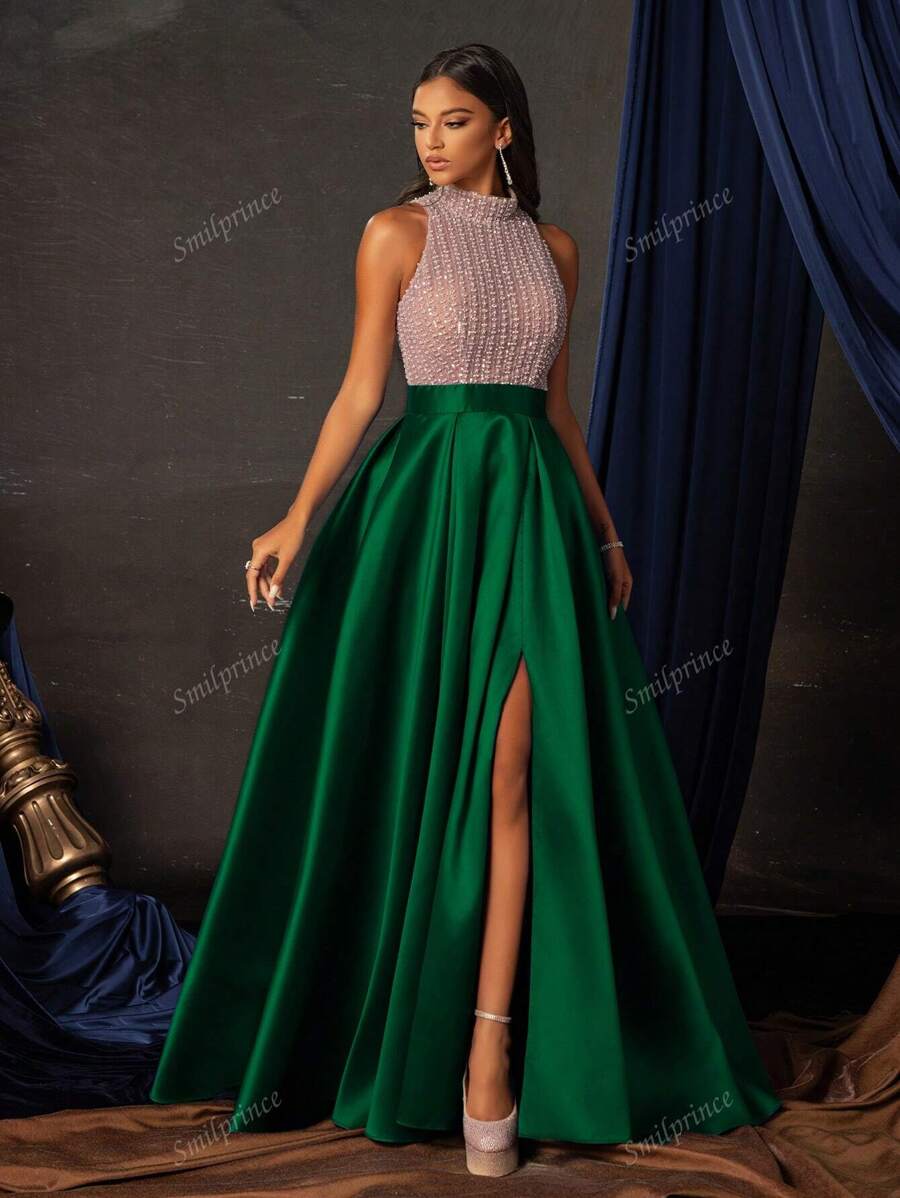 Elegant Green Sequin Halter Neck Gown With High Slit, Floor-Length Formal Evening Dress, Women's Prom Gown, Sparkly Party Dress, Wedding Guest Dress