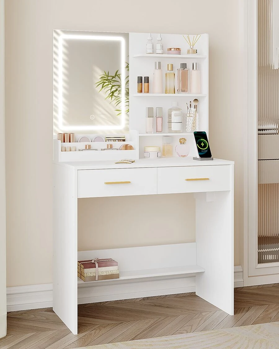 Hzuaneri Dressing Table With LED Light, 2 Sockets And 2 USB Ports Dressing Table With 2 Drawers And 4 Open Shelves, Storage Organiser Compartment. Suitable For Bedroom, Living Room, White