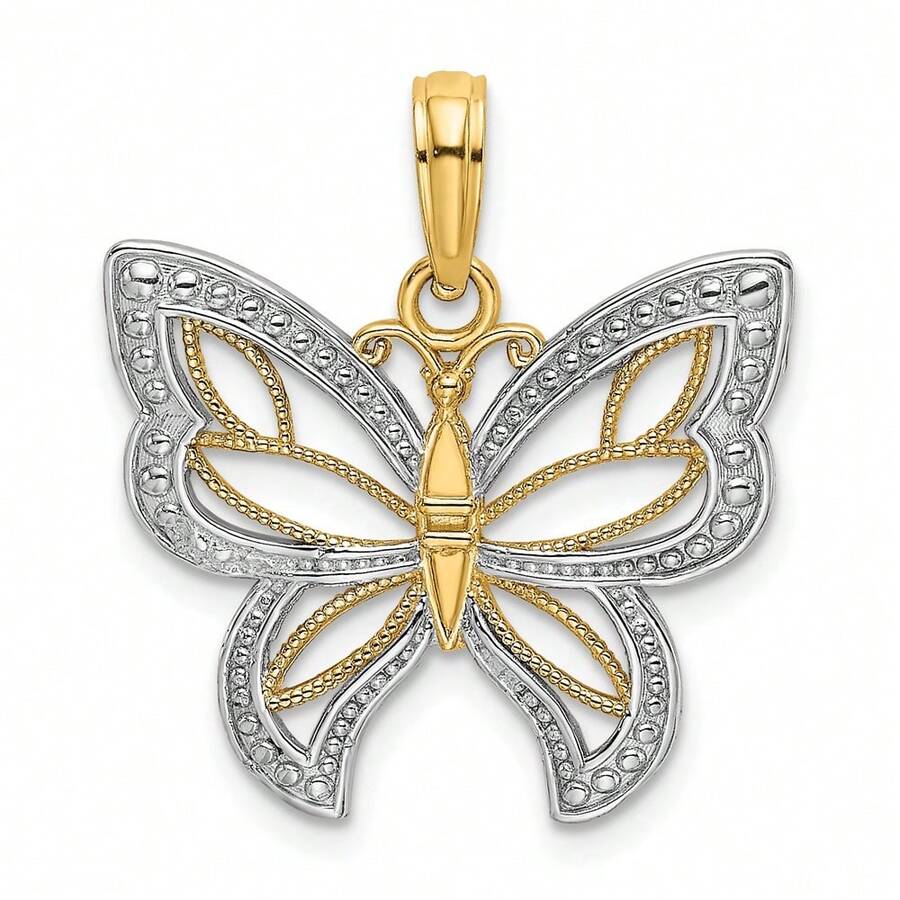14k Yellow Gold With Rhodium Butterfly With White Beaded Wings Charm Pendant (L-0.89 Inch,W-0.78 Inch) 1.64 Gram