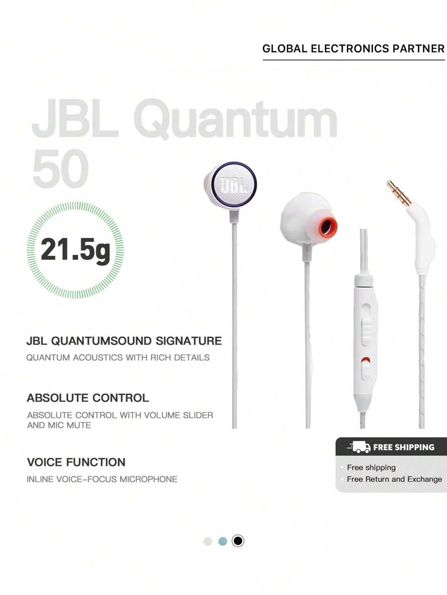 JBL Q50 In-Ear Wired Headphones With Microphone For Mobile Phone Voice Calls Harman QUANTUM Gaming Headphones For Tablets And Laptops Online Classes And Conferences Quantum Storm Mystical Purple Double Suspension Technology Space Surround Sound - White