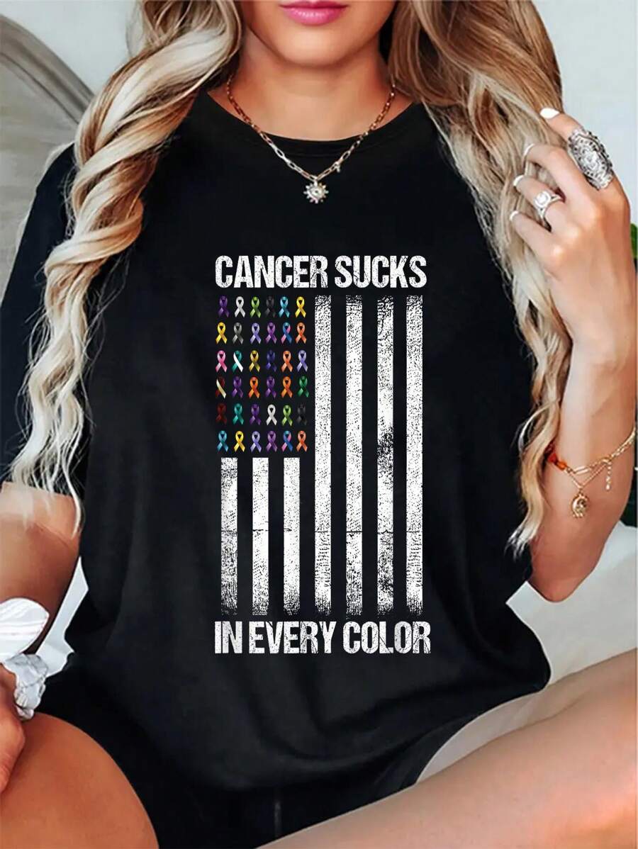 100% Cotton Cancer Sucks In Every Color Tshirt USA American Flag Ribbons T-Shirt