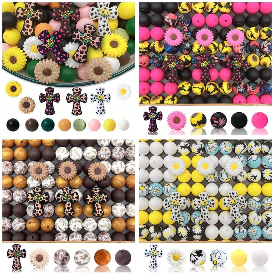 34/86 piezas Set de cuentas de silicona multicolor con formas de margarita, girasol y cruz, manualidades de joyería DIY para hacer llaveros, pulseras, collares, bolígrafos con cuentas