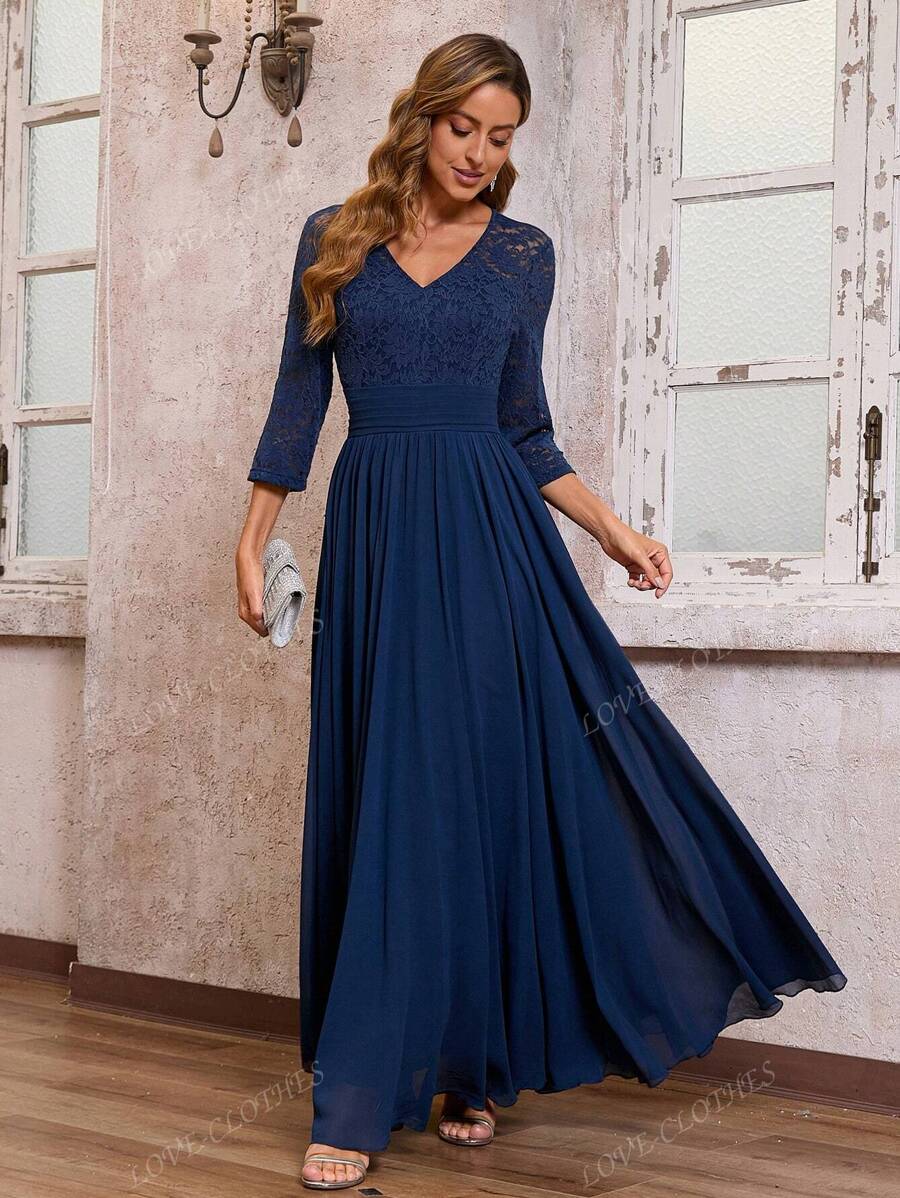 Women V-Neck Three-Quarter Sleeves Lace Formal Evening Gown, Chiffon Elegant Floor-Length Maxi Bridesmaid Dress, Wedding Guest Dress, Party Dress