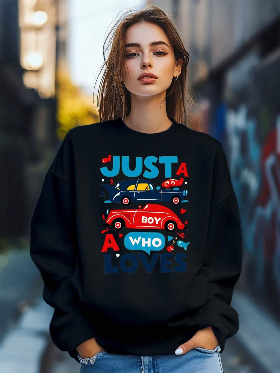 Women's Fall Loose Pullover Fashion Cool Car Graffiti Letter Print Long Sleeve Crew Neck Sweatshirt Casual Comfy Clothes