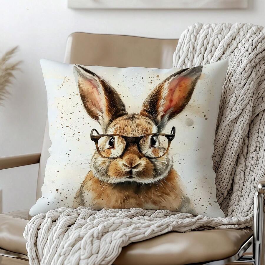 1pc Vintage Glasses Rabbit Pattern Decorative Pillow Cover, Single-Sided Peach Velvet Fabric, 45*45cm/50*50cm Cushion Cover For Modern Sofa, Living Room Decor, Gift