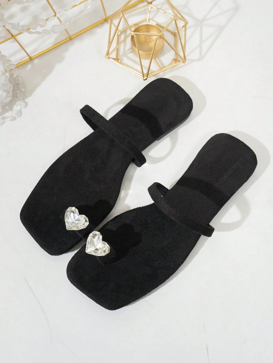 Square Toe Mule Slip-On Black Ladies Sandals, Stylish High-End Slippers To Wear With Dresses In Summer, Rhinestone Toe Strap Flat Sandals With Simple Elegant Design For Women